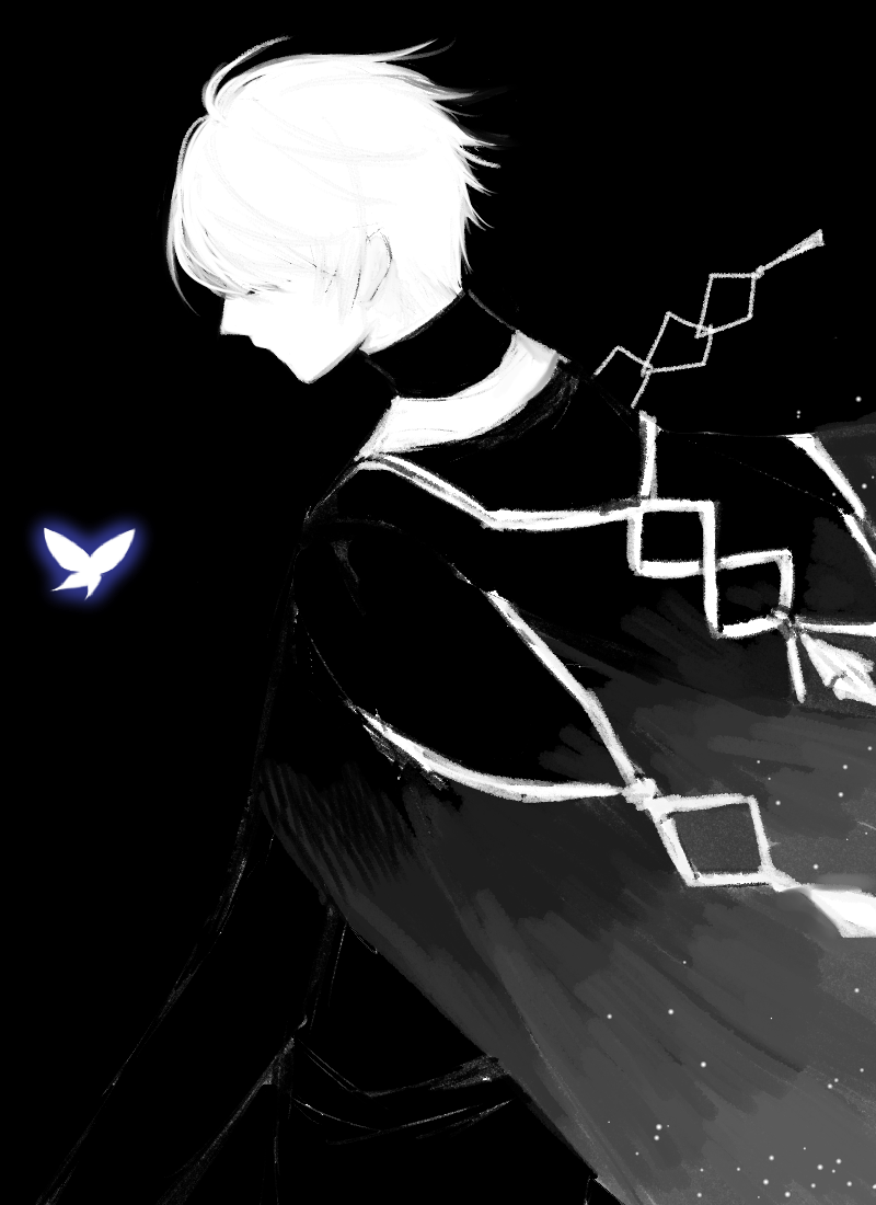 1boy, bug, butterfly, cape, from_side, glowing_butterfly, monochrome, obey_me!:_one_master_to_rule_them_all!