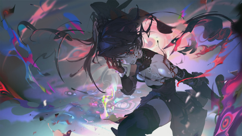 angry, black_collar, black_dress, clenched_teeth, collar, dress, hand_on_own_face, highres