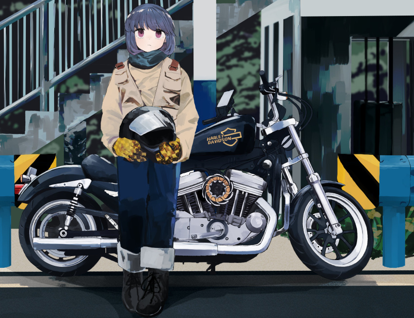 1girl, absurdres, black_footwear, black_helmet, blue_hair, blue_pants, blue_scarf, brown_jacket, closed_mouth, expressionless, gloves, harley_davidson, helmet, highres, holding, holding_helmet, jacket, leaning_on_object, long_sleeves, looking_ahead, maegami_(daisuki_oekaki1), motor_vehicle, motorcycle, motorcycle_helmet, outdoors, pants, scarf, shima_rin, solo, standing, vehicle_focus, violet_eyes, yellow_gloves, yurucamp