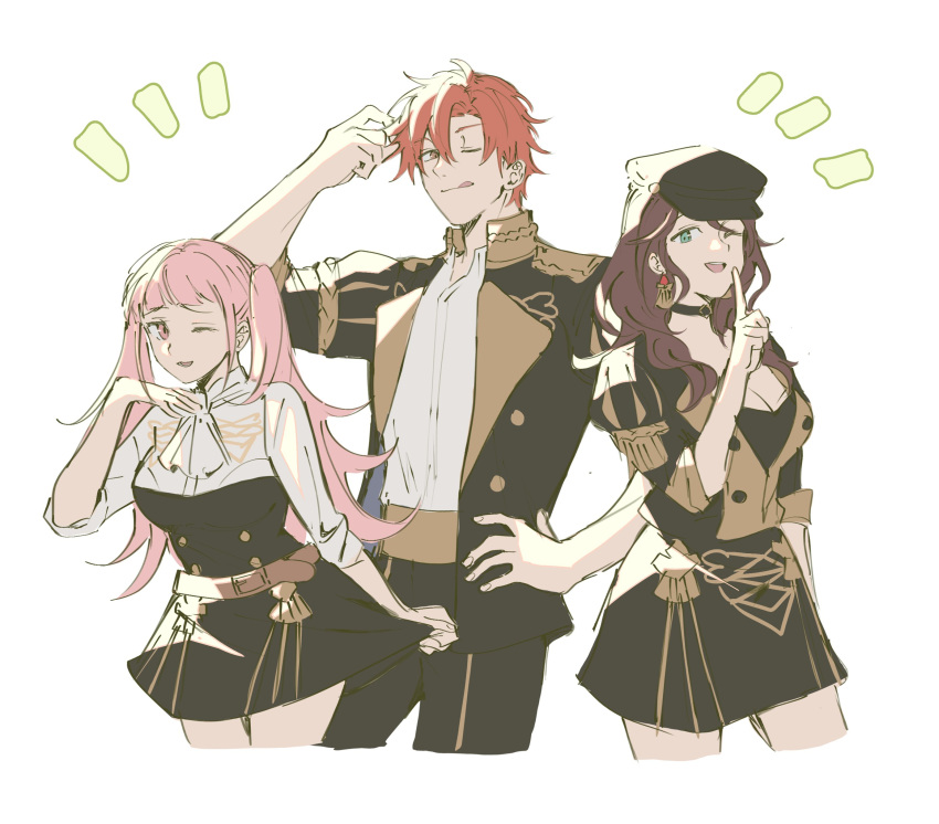 1boy, 2girls, absurdres, black_jacket, blunt_bangs, brown_hair, dorothea_arnault, fire_emblem