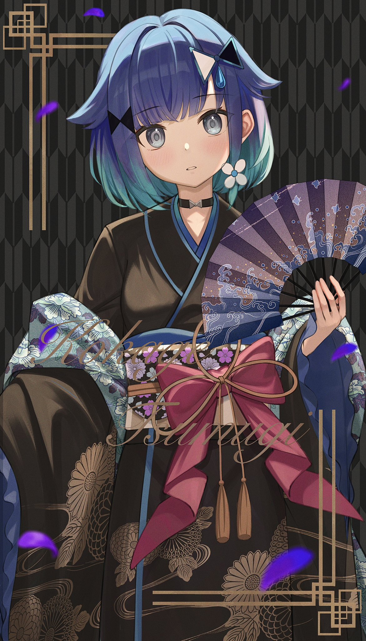 1girl, aqua_hair, black_choker, black_kimono, blue_eyes, blue_hair, bow, chinese_knot_border
