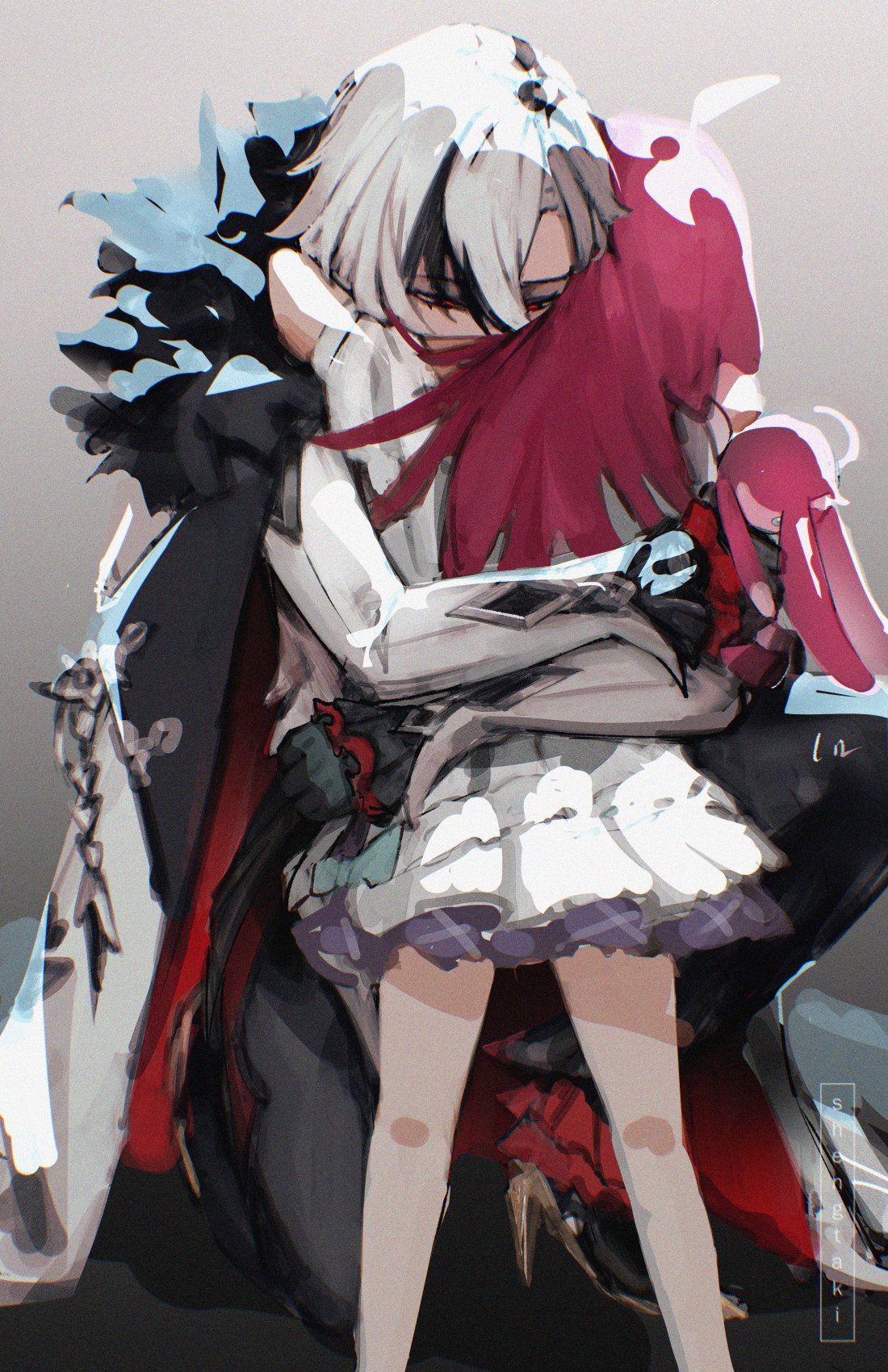 2girls, ahoge, arlecchino_(genshin_impact), arm_around_neck, artist_name, back, black_fur, black_gloves, black_pants, clervie_(genshin_impact), coat, collared_coat, couple, dress, english_commentary, frilled_dress, frilled_sleeves, frills, from_behind, fur-trimmed_coat, fur_trim, genshin_impact, gloves, gradient_background, grey_background, grey_hair, grey_jacket, hair_between_eyes, hashtag-only_commentary, head_on_another's_shoulder, high_heels, highres, holding, hug, jacket, kneeling, long_hair, long_sleeves, looking_down, multicolored_hair, multiple_girls, pants, pink_hair, red_eyes, shengtaki, short_sleeves, standing, streaked_hair, stuffed_toy, watermark, white_dress, yuri
