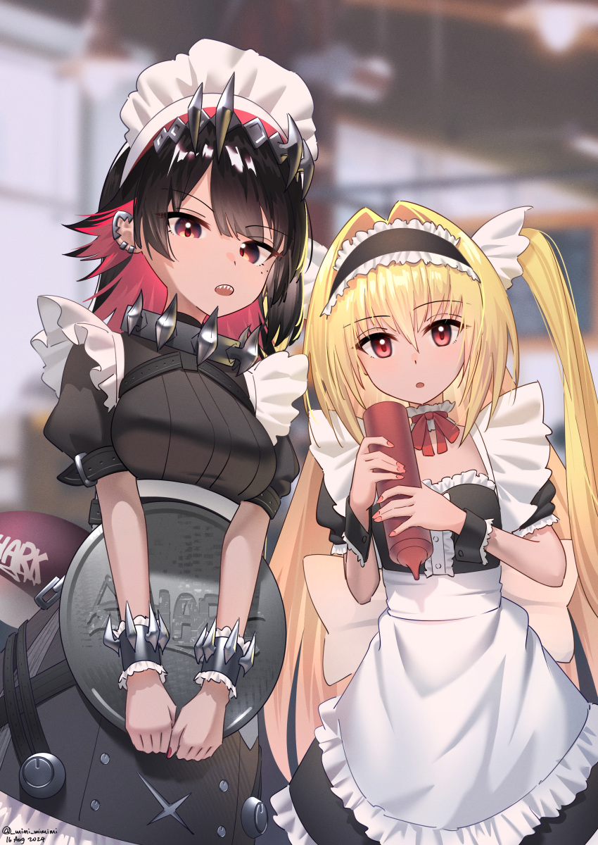 2024, 2girls, :o, \||/, absurdres, alternate_costume, apron, back_bow