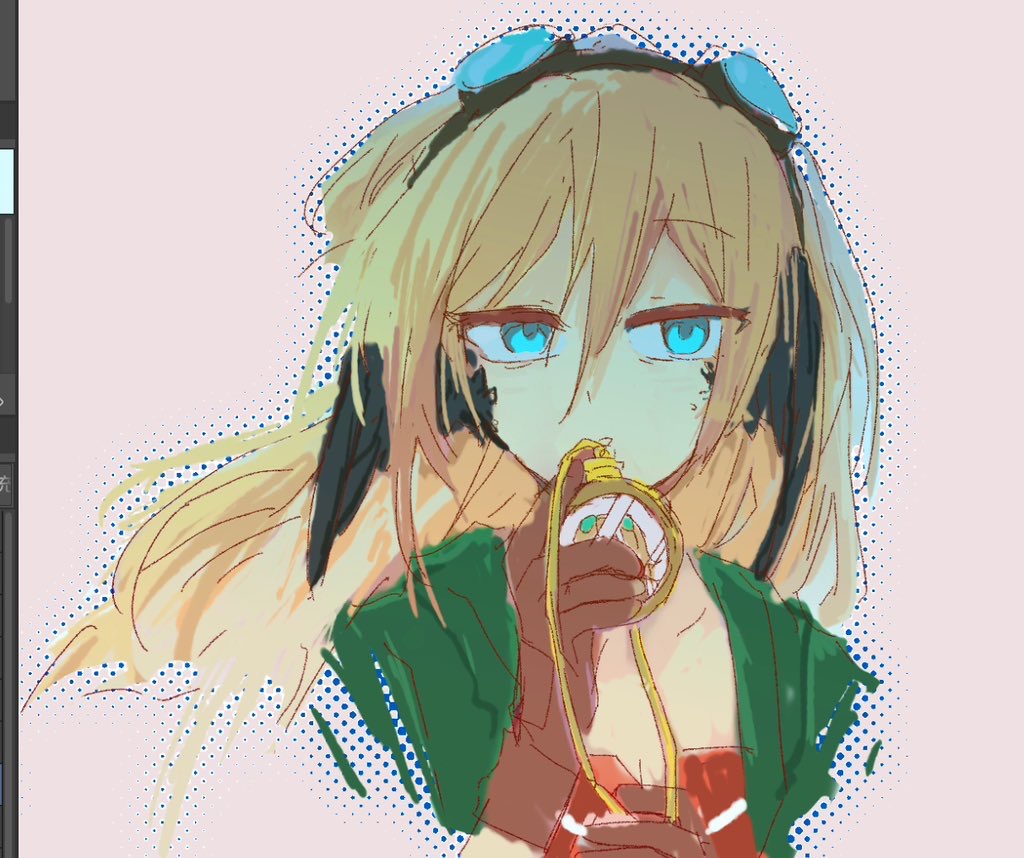 1girl, 7x_kasumi, animification, art_program_in_frame, black_wings, blonde_hair, blue_eyes, brown_gloves, falsesymmetry, gloves, goggles, goggles_on_head, green_jacket, head_wings, hermitcraft, holding, jacket, long_hair, looking_at_viewer, minecraft_youtube, open_clothes, open_jacket, pocket_watch, shirt, simple_background, sketch, solo, striped_clothes, striped_shirt, upper_body, watch, wings
