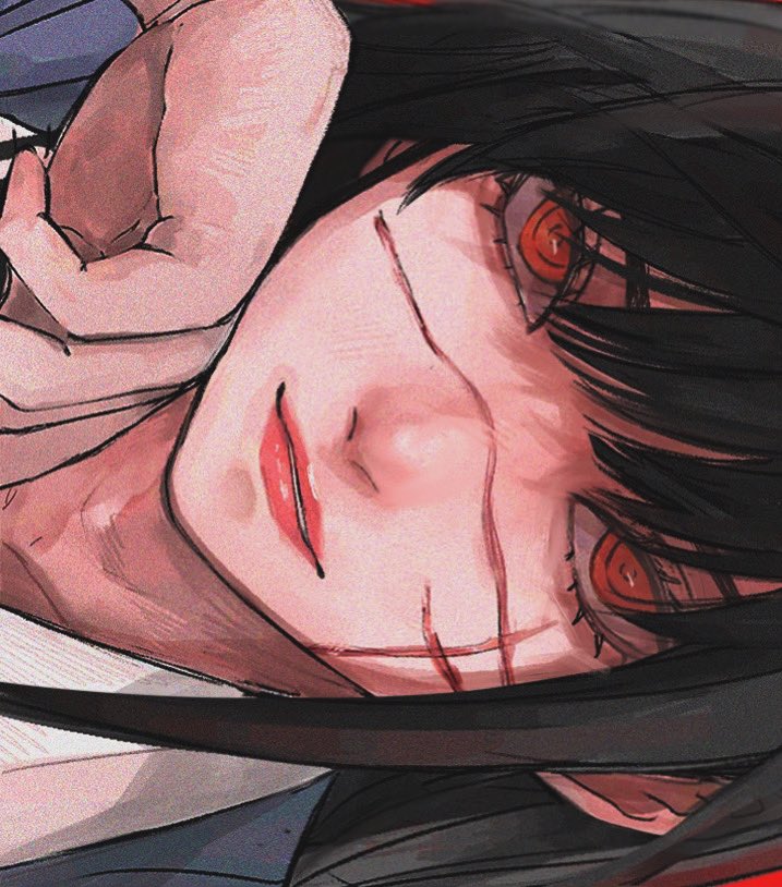 1girl, 22enose22, black_hair, chainsaw_man, cross_scar, eyelashes, long_hair, medium_bangs, parted_lips, pink_lips, red_background, red_eyes, ringed_eyes, scar, scar_on_face, sideways, simple_background, smile, solo, yoru_(chainsaw_man)