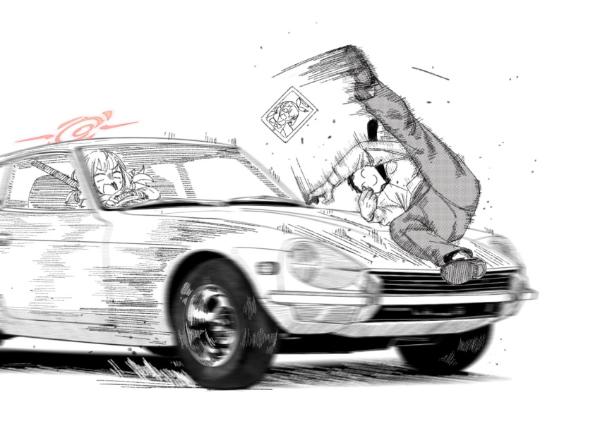1boy, 2girls, arona_(blue_archive), artificialkaban, aru_(blue_archive), blue_archive, car, demon_horns