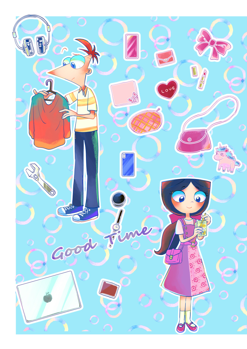 1boy, 1girl, absurdres, ajaj21bd, bag, blue_eyes, bow, dress