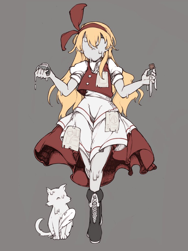 1girl, apron, bare_arms, black_footwear, blonde_hair, bolos, boots, bow