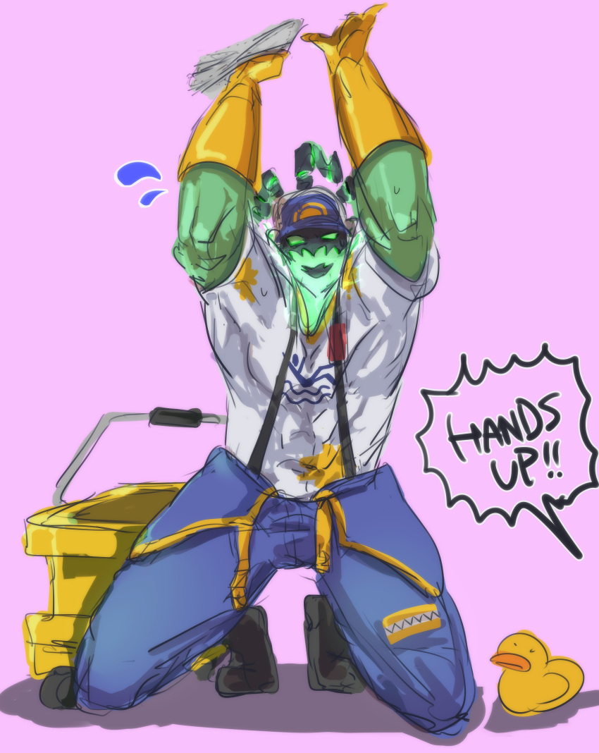 1boy, absurdres, aioi_riri, hands_up, hat, highres, janitor_thresh, league_of_legends, muscular, muscular_male, rubber_duck, shirt, simple_background, sketch, speech_bubble, suspenders, thresh_(league_of_legends)