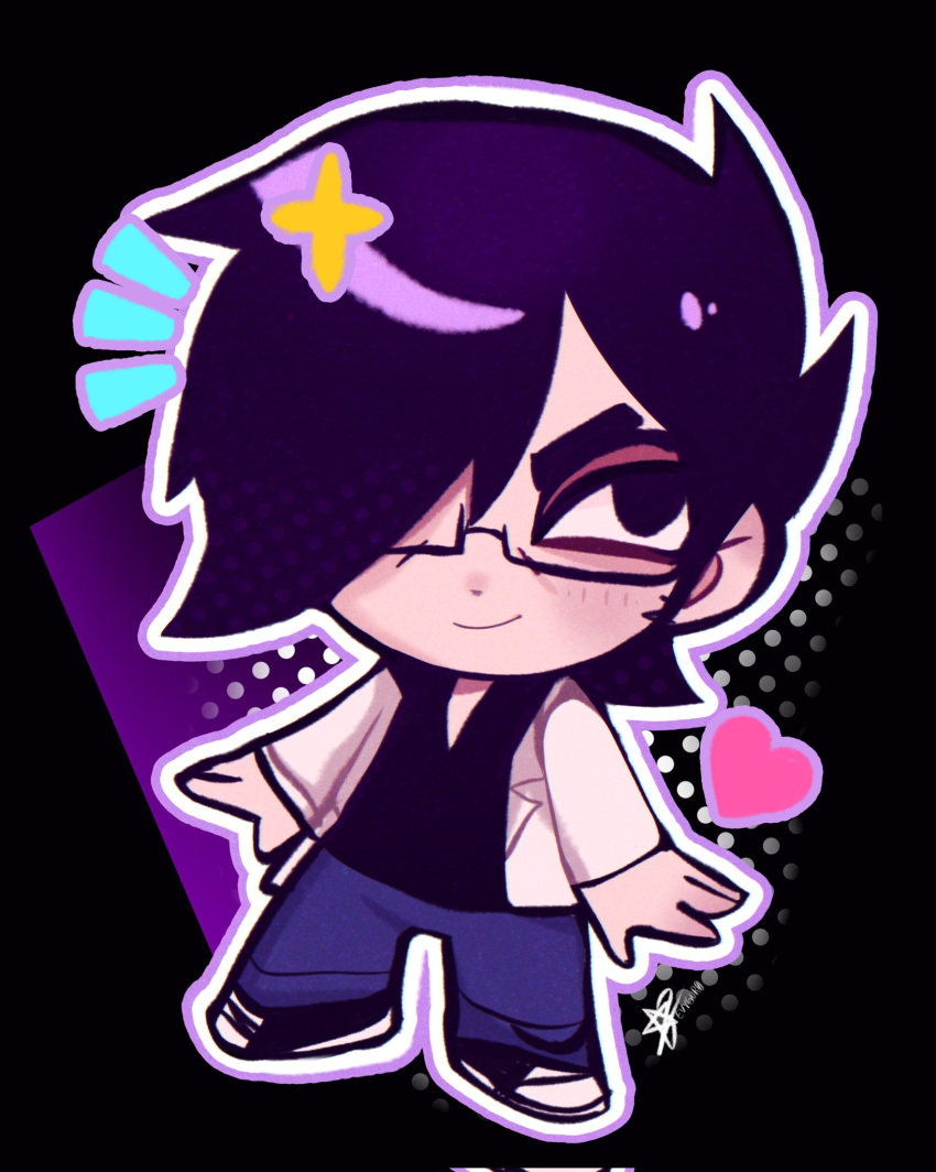 1boy, ^^^, bespectacled, black_background, black_eyes, black_hair, blue_pants, blush