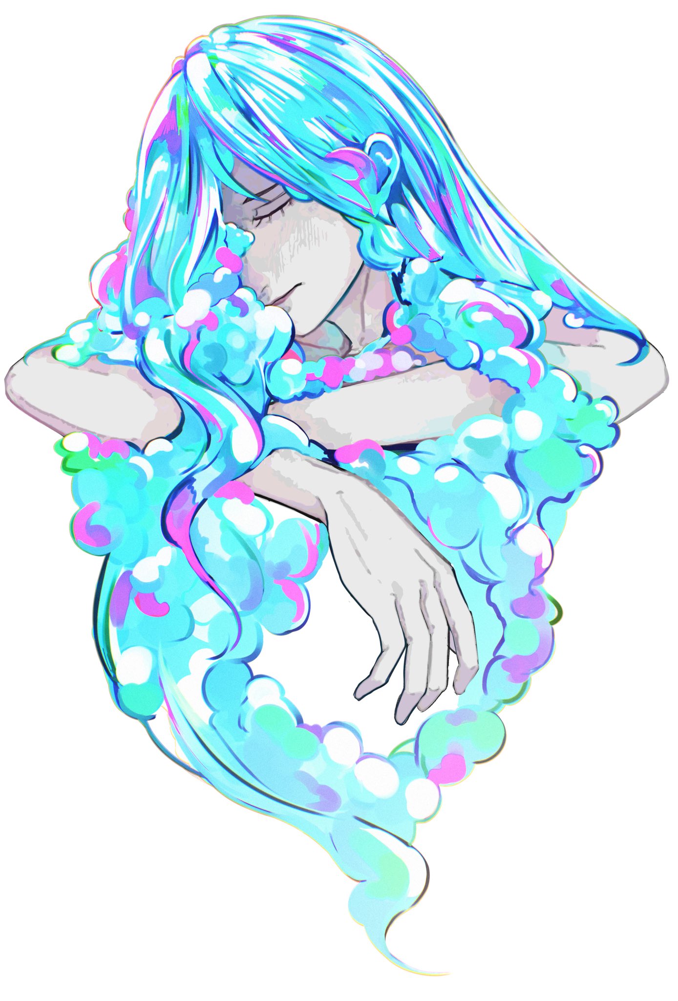 1girl, 22enose22, blue_hair, closed_eyes, closed_mouth, crossed_arms, ears_visible_through_hair, eyelashes