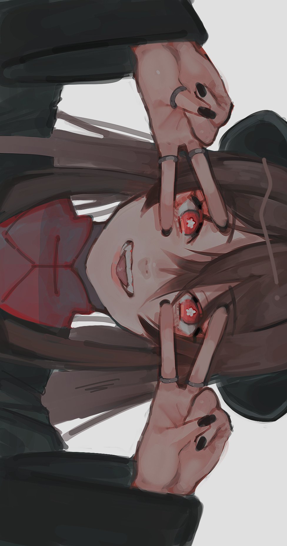 1girl, 673_q, black_hat, black_nails, black_shirt, bright_pupils, brown_hair, double_v, flower-shaped_pupils, genshin_impact, grey_background, hands_up, hat, highres, hu_tao_(genshin_impact), jewelry, long_hair, long_sleeves, looking_at_viewer, nail_polish, portrait, red_eyes, ring, shirt, sideways, simple_background, solo, straight-on, symbol-shaped_pupils, teeth, upper_teeth_only, v, v_over_eye, white_pupils, wide_sleeves