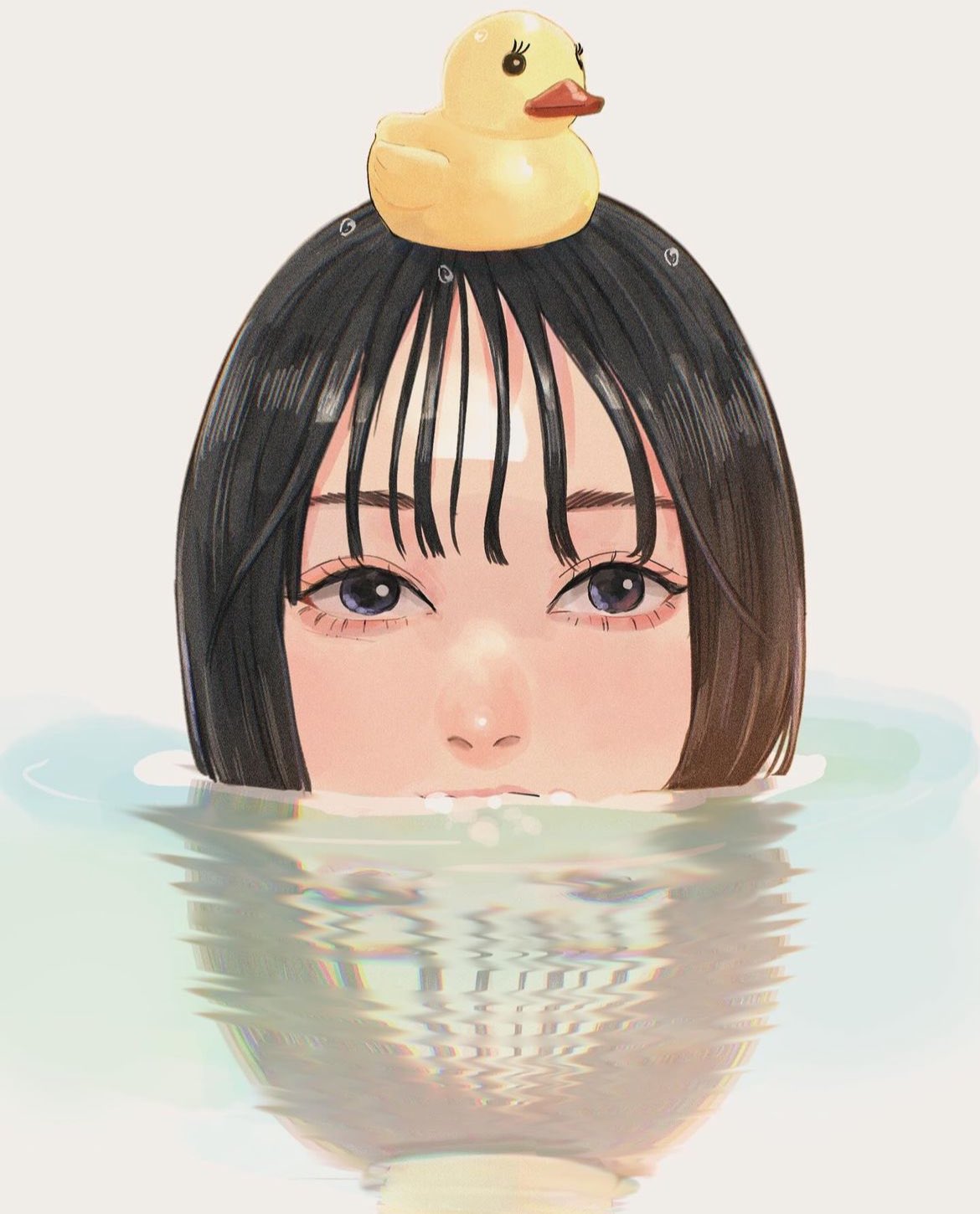 1girl, 22enose22, black_hair, blue_eyes, eyelashes, highres, medium_bangs, on_head