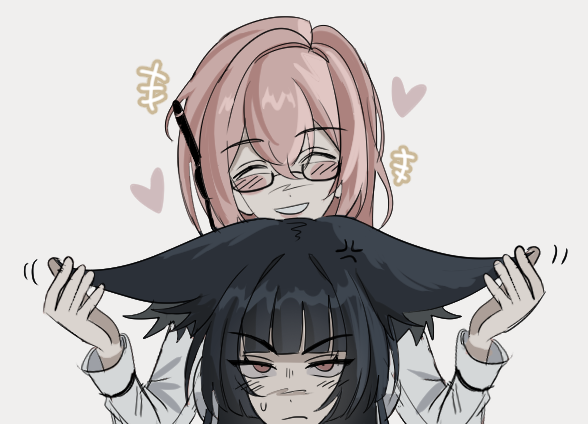 2girls, animal_ears, aqua_jacket, black-framed_eyewear, black_hair, black_necktie, closed_eyes, collared_shirt