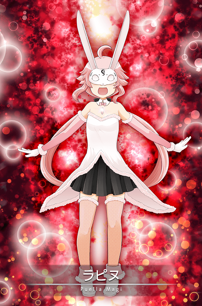 1girl, ahoge, animal_ears, bare_shoulders, black_skirt, boots, bow, bowtie, card_(medium), character_name, chest_jewel, collar, detached_collar, detached_sleeves, dress, eye_mask, fake_animal_ears, fishnet_thighhighs, fishnets, full_body, fur-trimmed_boots, fur-trimmed_dress, fur-trimmed_gloves, fur-trimmed_sleeves, fur-trimmed_thighhighs, fur_trim, game_cg, gleam, gloves, knees, lapin_(madoka_magica), light_blush, light_particles, long_hair, long_sleeves, low_twintails, magia_record:_mahou_shoujo_madoka_magica_gaiden, magical_girl, mahou_shoujo_madoka_magica, mahou_shoujo_tart_magica, mask, masu_gitsune, medium_dress, miniskirt, official_art, open_mouth, pink_bow, pink_bowtie, pink_gemstone, pink_hair, pink_sleeves, pink_thighhighs, pleated_skirt, rabbit_ears, rabbit_mask, red_bow, skirt, smile, solid_eyes, solo, standing, straight-on, strapless, strapless_dress, thigh-highs, twintails, very_long_hair, wavy_hair, white_collar, white_dress, white_eyes, white_footwear, white_gloves