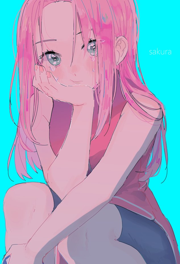 1girl, 673_q, aqua_background, bare_arms, bare_shoulders, bike_shorts_under_skirt, black_shorts, closed_mouth