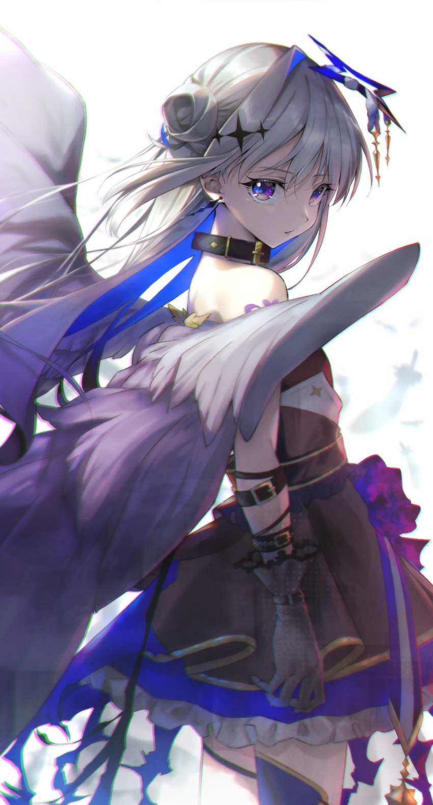 1girl, absurdres, amane_kanata, amane_kanata_(another_world), angel_wings, arm_strap, bare_shoulders, belt_collar