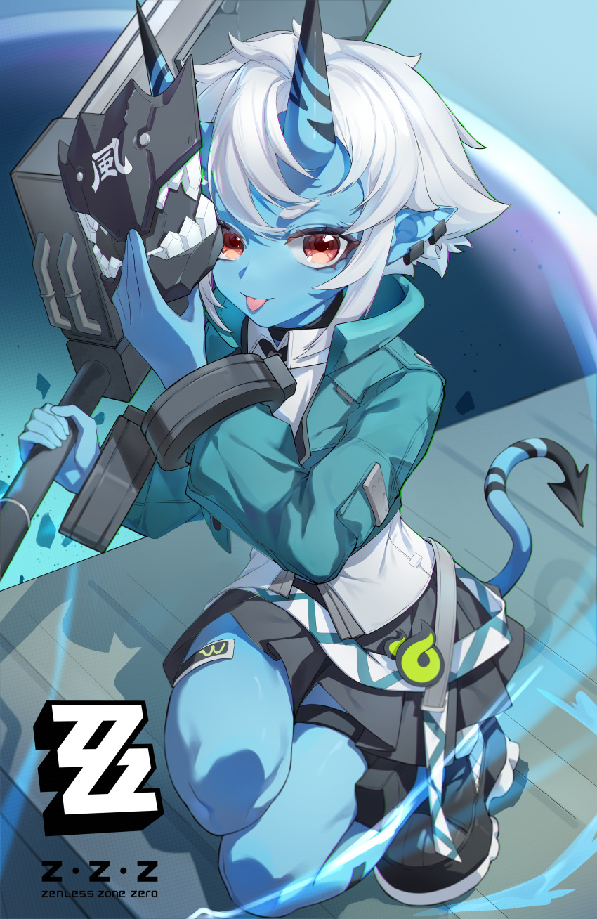 1girl, absurdres, black_necktie, blue_skin, colored_skin, highres, holding, holding_weapon, horns, jacket, long_sleeves, looking_at_viewer, mask, necktie, oni, panties, pointy_ears, red_eyes, shalou, shirt, short_hair, skin-covered_horns, skirt, solo, soukaku_(zenless_zone_zero), tail, underwear, weapon, white_hair, zenless_zone_zero