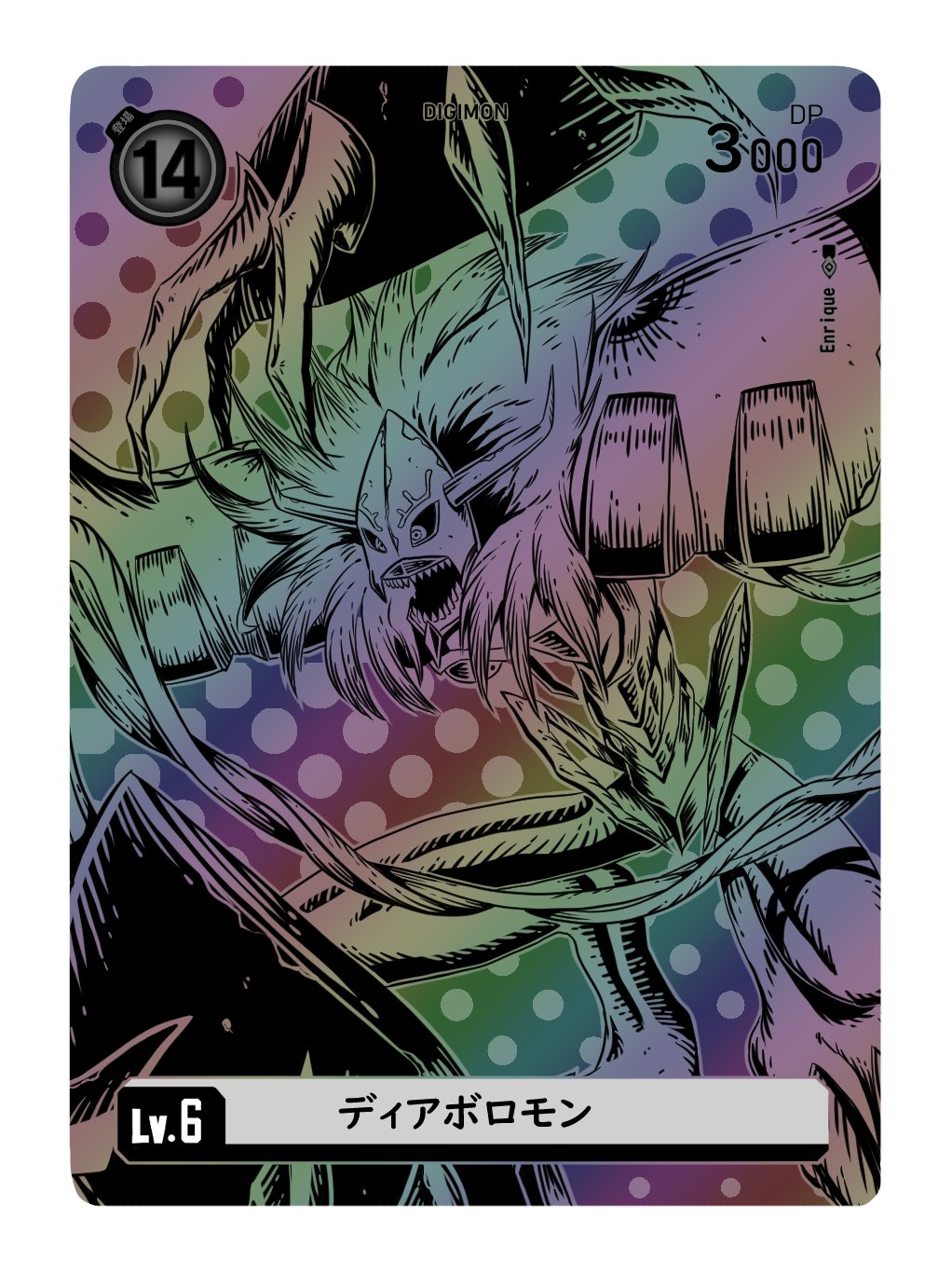 artist_name, border, card_(medium), character_name, diablomon, digimon, digimon_(creature), digimon_card_game, enrike_(enrique_mr_blue), fake_trading_card, highres, lineart, polka_dot, polka_dot_background, sharp_teeth, solo, teeth, white_border