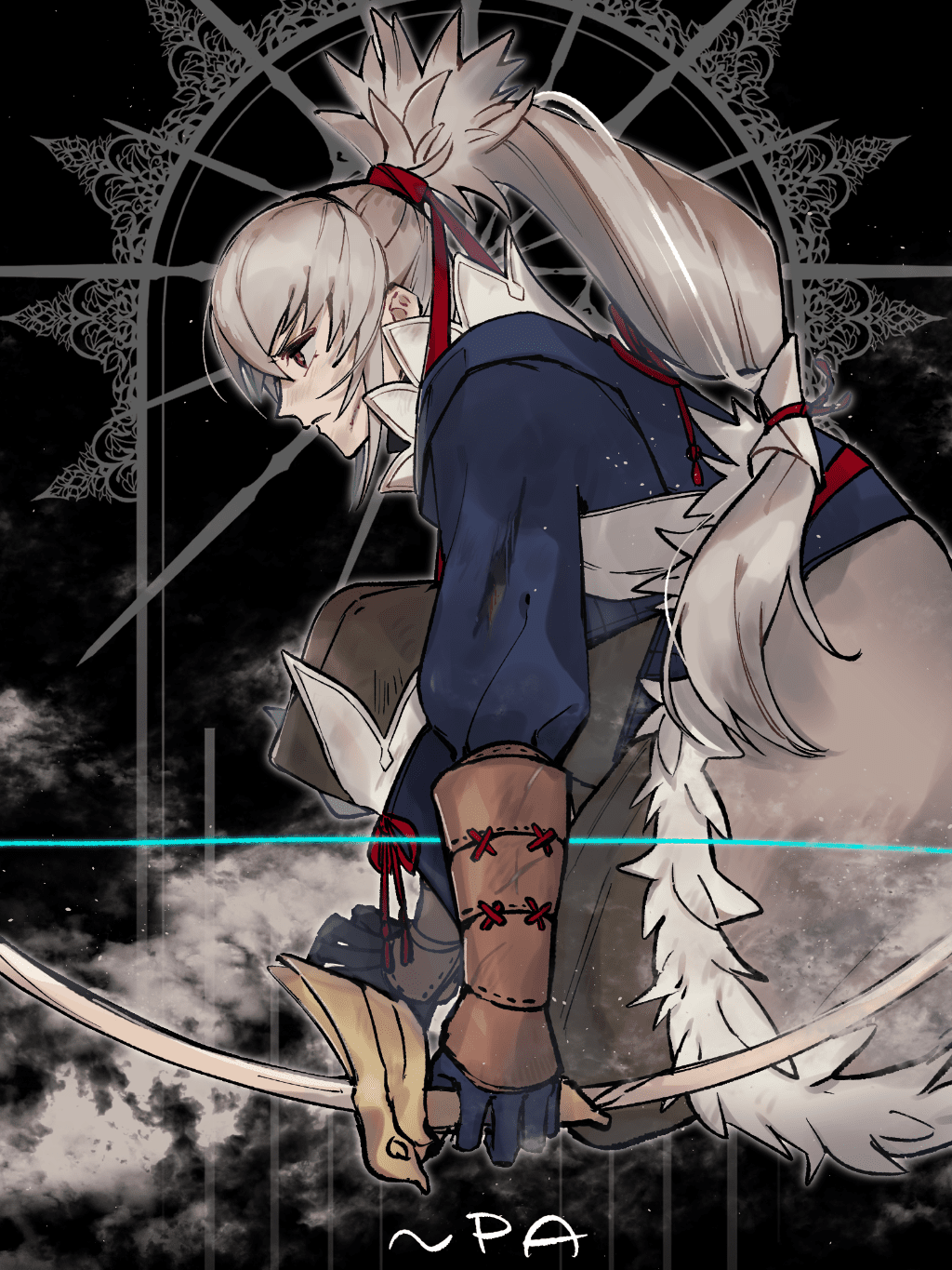 1boy, bow_(weapon), fire_emblem, fire_emblem_fates, fujin_yumi_(fire_emblem), grey_hair, hair_ribbon, highres, japanese_clothes, long_hair, male_focus, npa_(npa000), ponytail, red_ribbon, ribbon, solo, takumi_(fire_emblem), weapon, yumi_(bow)