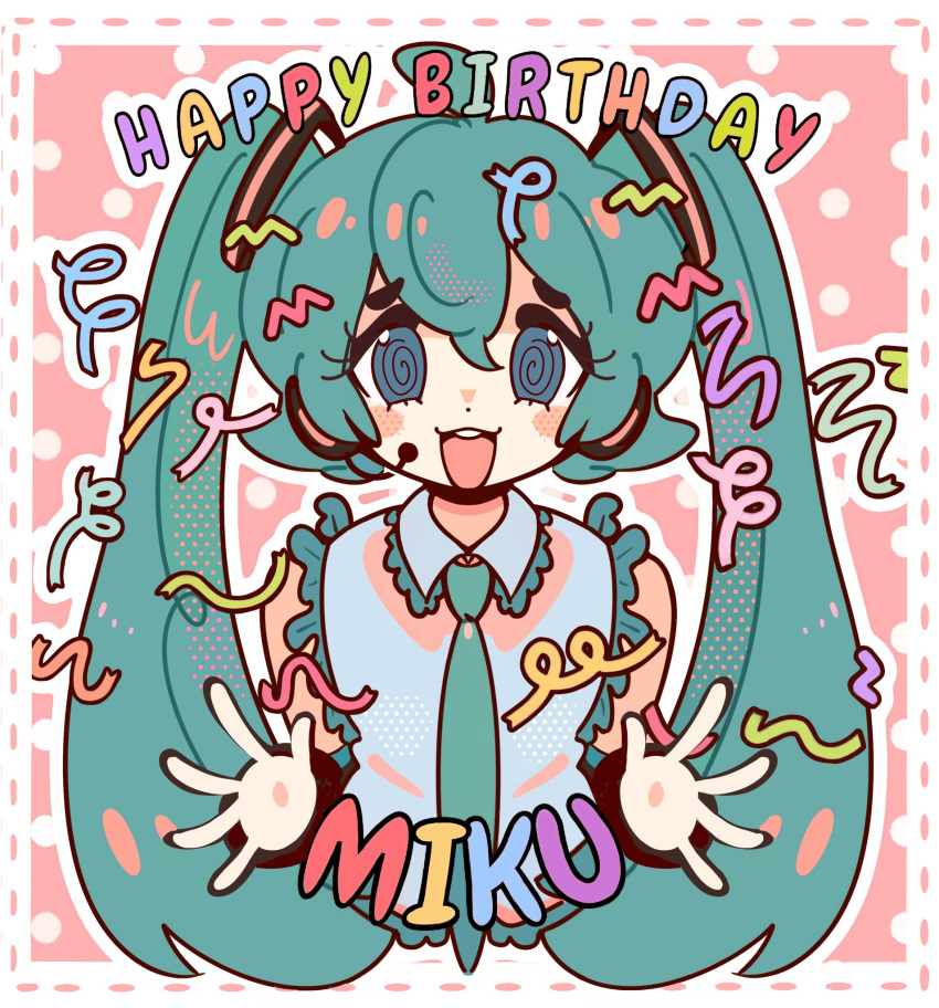1girl, @_@, aqua_hair, aqua_necktie, bare_shoulders, birthday, black_sleeves, blandboyx, blue_eyes, blush, commentary, detached_sleeves, english_text, flat_chest, grey_shirt, hair_between_eyes, happy_birthday, hashtag-only_commentary, hatsune_miku, headphones, headset, highres, long_hair, looking_at_viewer, necktie, open_mouth, shirt, sleeveless, smile, solo, twintails, upper_body, very_long_hair, vocaloid