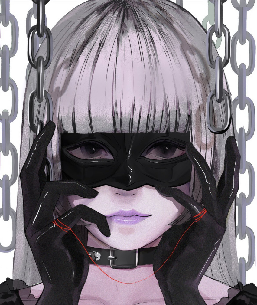 1girl, 22enose22, belt_collar, black_gloves, blunt_bangs, chain, closed_mouth, collar
