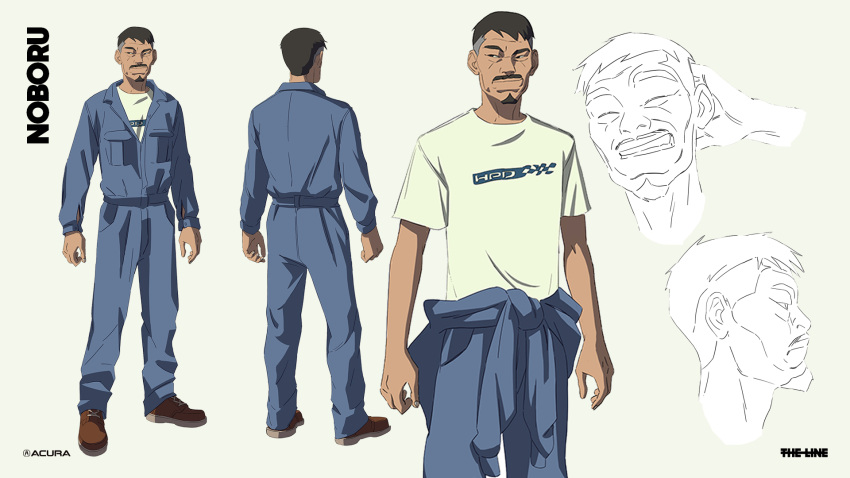 1boy, ^_^, acura_(brand), asian, beard, black_eyes, black_hair, blue_jumpsuit