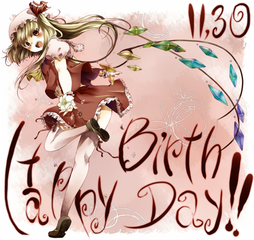 bad_id, blonde_hair, fang, flandre_scarlet, flower, happy_birthday, hat, icanfry