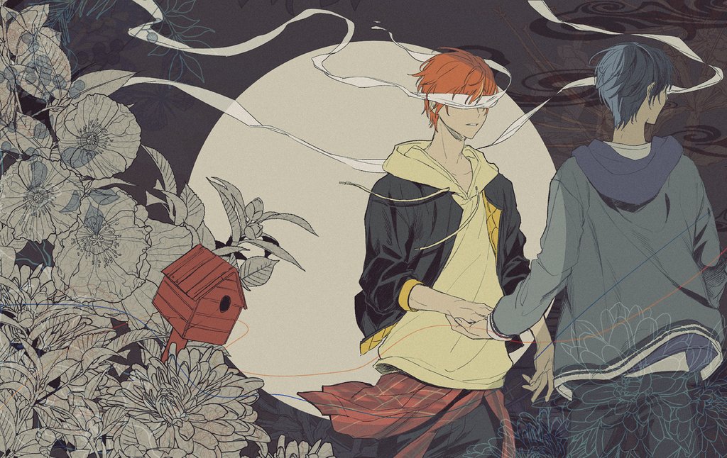 2boys, aoyagi_touya, aun_no_beats_(vocaloid), berry, birdhouse, black_jacket, black_pants, blindfold, blue_hair, blue_hoodie, blue_pants, clothes_around_waist, collarbone, commentary, covered_eyes, cowboy_shot, drawstring, floating_clothes, flower, full_moon, grey_background, hands_up, holding_hands, hood, hood_down, hoodie, jacket, layered_clothes, leaf, looking_to_the_side, lz_0o0_zl, male_focus, moon, multicolored_hair, multiple_boys, orange_hair, pants, parted_lips, plant, project_sekai, ribbon, shinonome_akito, sleeve_cuffs, split-color_hair, streaked_hair, swirl, two-sided_fabric, two-sided_jacket, white_blindfold, white_ribbon, yellow_hoodie, yellow_sleeve_cuffs
