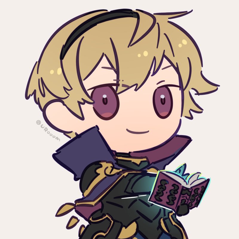 1boy, black_hairband, blonde_hair, book, chibi, fire_emblem, fire_emblem_fates, hairband, holding, holding_book, leo_(fire_emblem_fates), male_focus, smile, urooom, violet_eyes