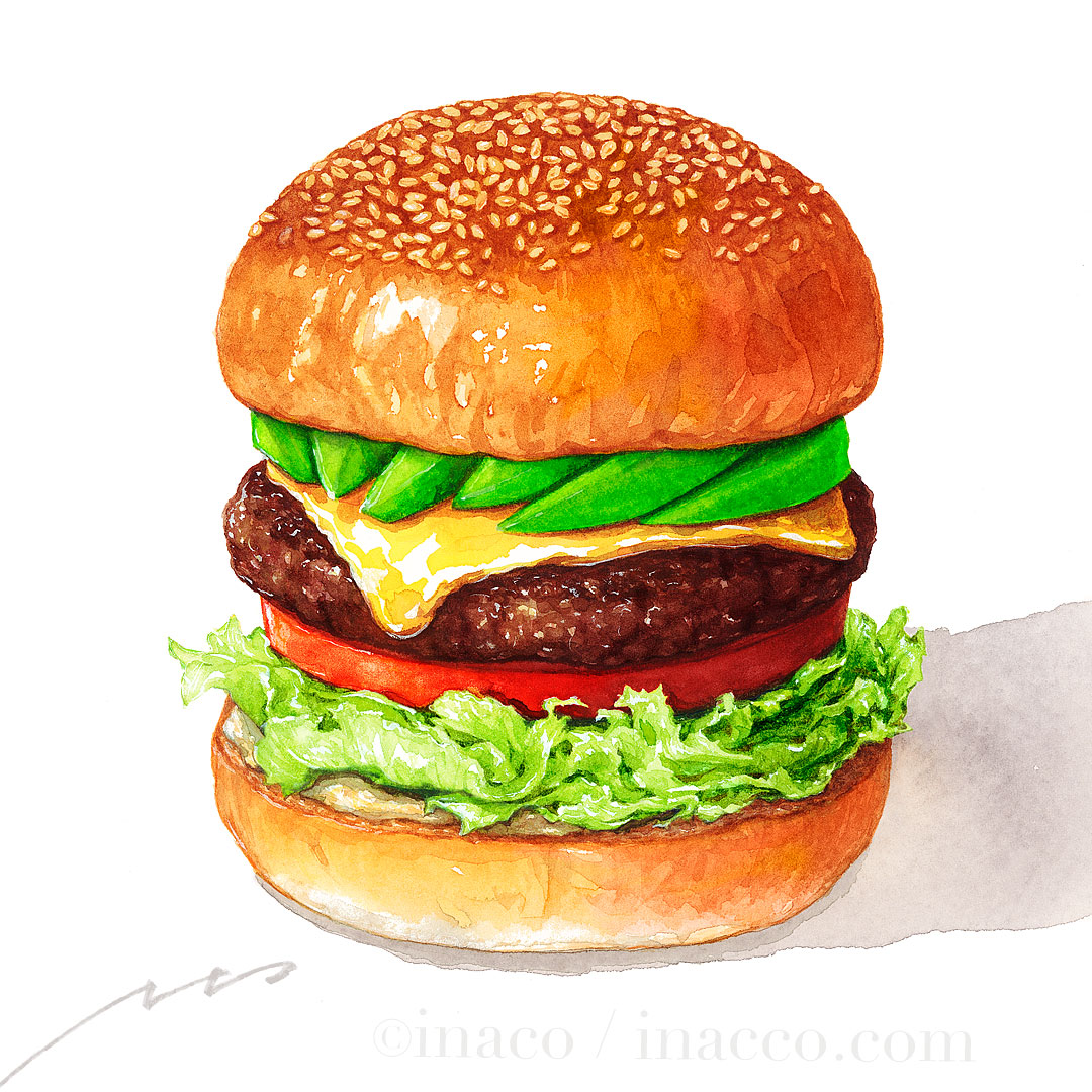 artist_name, avocado_slice, bread, burger, cheese, commentary_request, food, food_focus, inaco, lettuce, meat, no_humans, original, sesame_seeds, signature, simple_background, still_life, tomato, tomato_slice, white_background