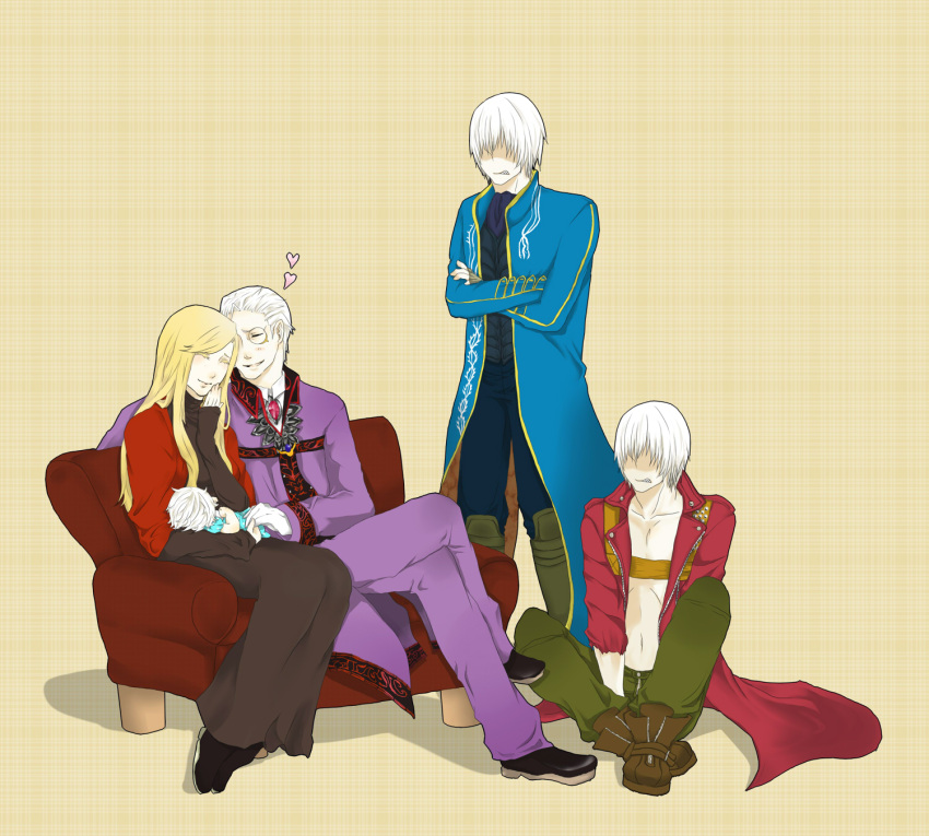 1girl, 3boys, baby, brothers, couple, dante, dante_(devil_may_cry), devil_may_cry