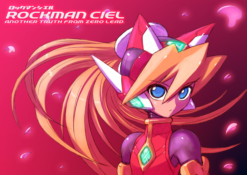 android, blonde_hair, blue_eyes, cherry_blossoms, ciel_(mega_man), ciel_(rockman), clone, cosplay
