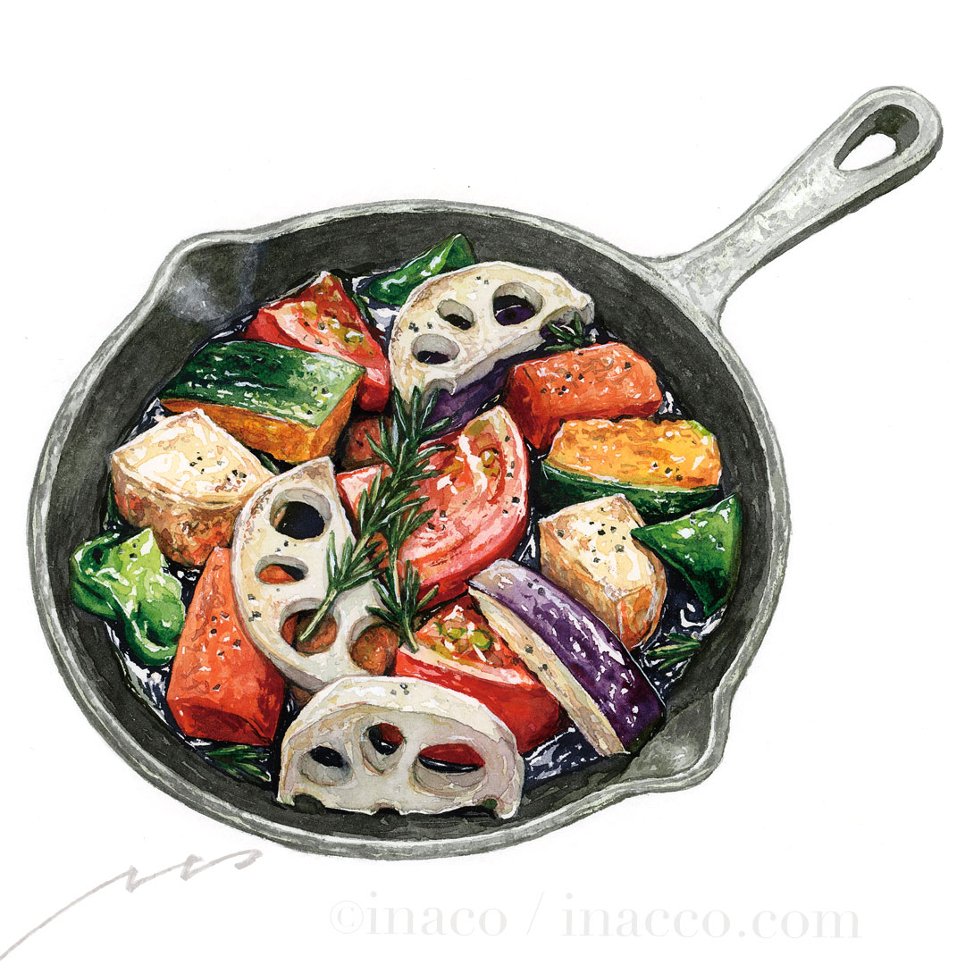 artist_name, bell_pepper, bell_pepper_slice, eggplant_slice, food, food_focus, frying_pan, inaco