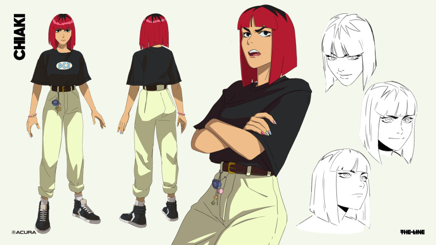 1girl, acura_(brand), belt, black_footwear, black_shirt, brown_belt, character_name, chiaki_(chiaki's_journey)