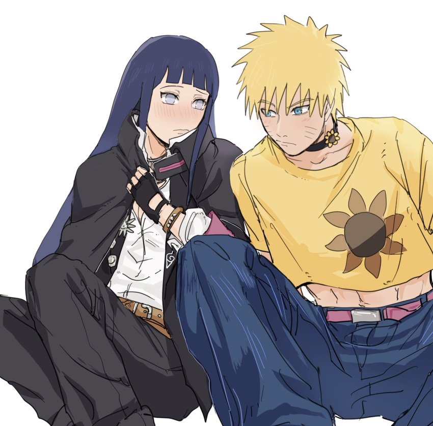 1boy, 1girl, black_cape, black_gloves, black_jacket, black_pants, blonde_hair, blue_eyes, blue_hair, blue_pants, blush, boruto:_naruto_next_generations, boruto:_two_blue_vortex, cape, cosplay, cropped_shirt, fingerless_gloves, gloves, highres, hyuuga_hinata, jacket, long_hair, naruto_(series), naruto_shippuuden, notane_n, pants, shirt, short_hair, simple_background, uzumaki_boruto, uzumaki_boruto_(cosplay), uzumaki_himawari, uzumaki_himawari_(cosplay), uzumaki_naruto, white_background, white_eyes, white_pants, yellow_shirt