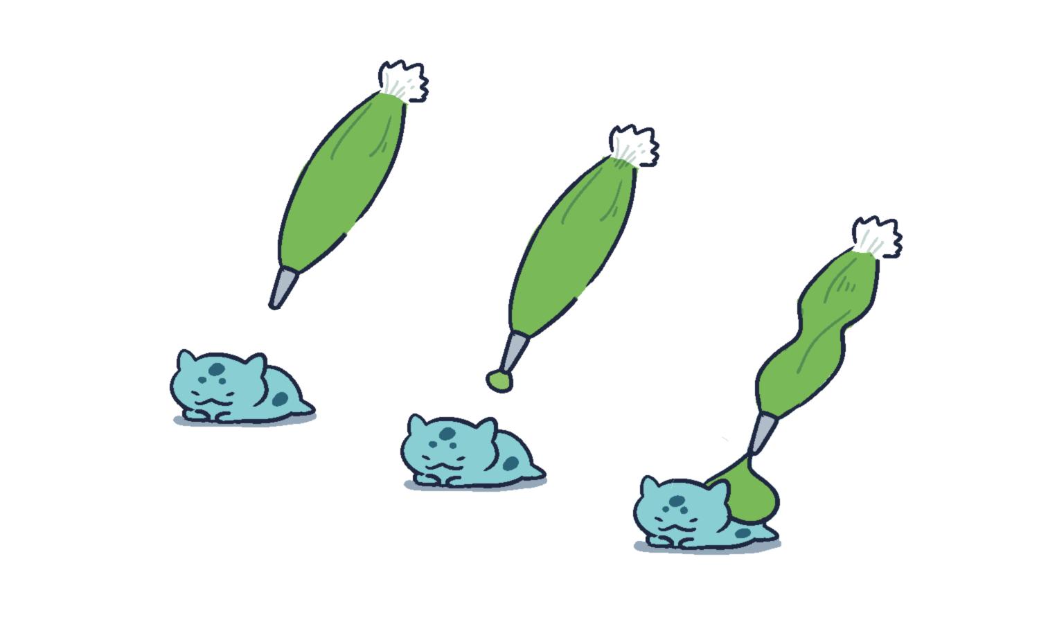 bulbasaur, closed_mouth, icing, lying, no_humans, on_stomach, pipe, pipette, pokemon, pokemon_(creature), sequential, shadow, simple_background, sorewa_melon, white_background