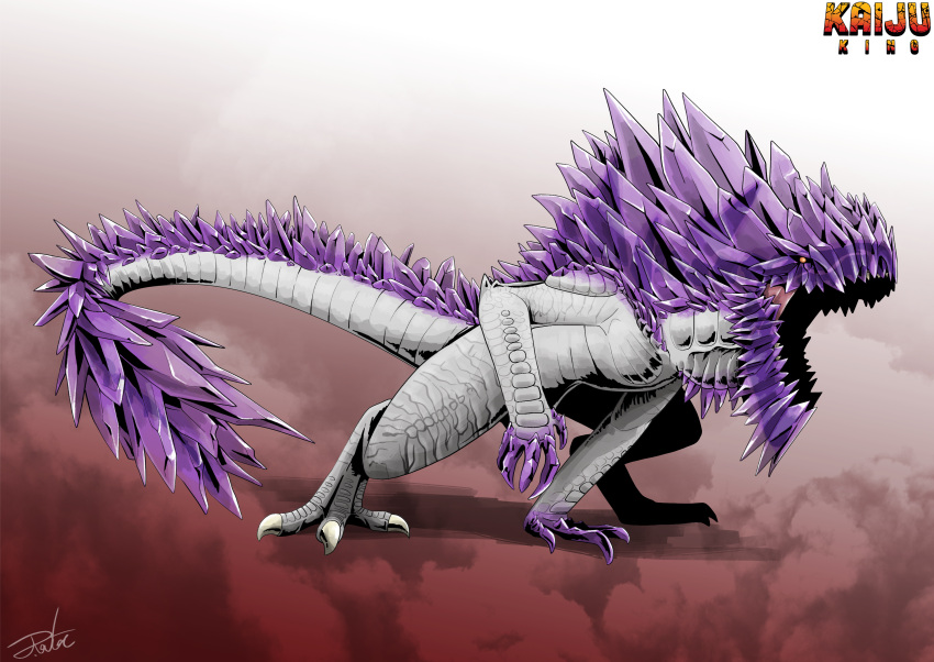 absurdres, black_sclera, claws, colored_sclera, crystal, english_text, fusion, godzilla_(series)