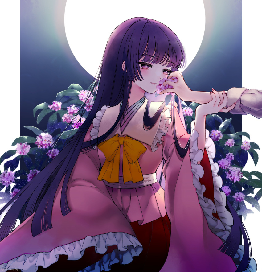 1girl, 1other, absurdres, black_hair, flower, frilled_sleeves, frills, full_moon