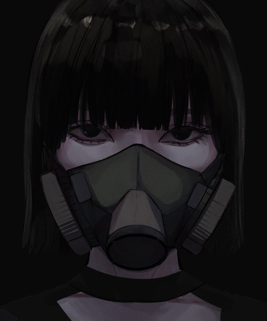 1girl, 22enose22, black_background, black_eyes, black_hair, black_theme, blunt_bangs, eyelashes