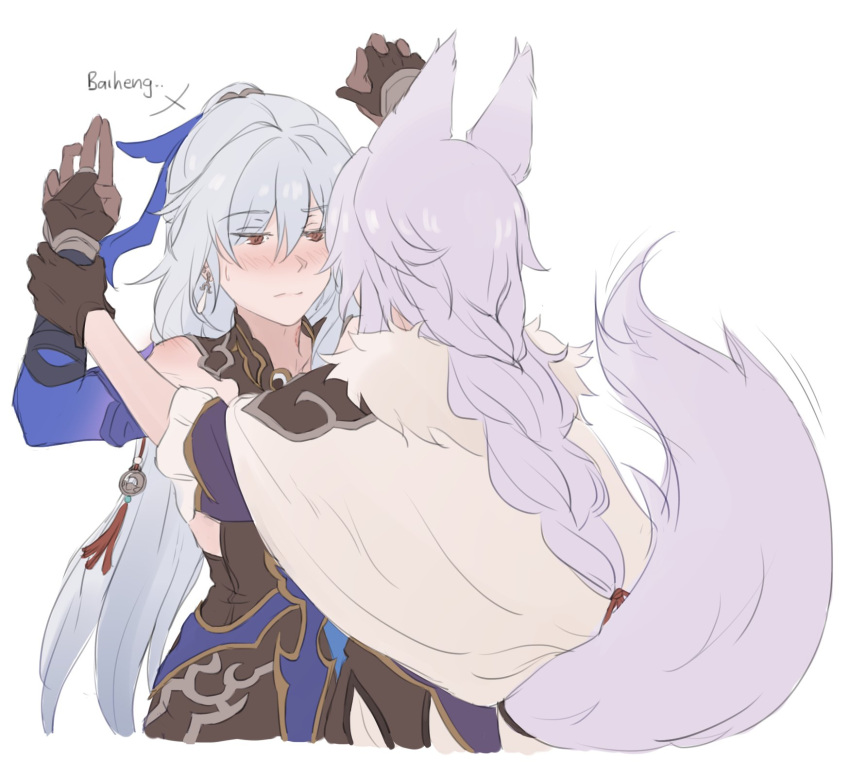 2girls, animal_ears, arm_grab, arms_up, back, baiheng_(honkai:_star_rail), bare_shoulders, black_dress