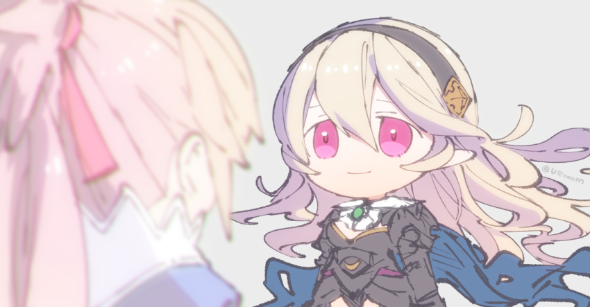 1boy, 1girl, armor, black_armor, black_hairband, corrin_(female)_(fire_emblem), corrin_(female)_(nohr_noble)_(fire_emblem), corrin_(fire_emblem)