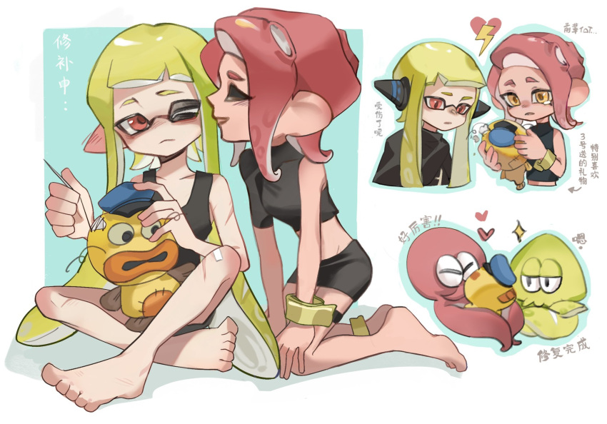 2girls, ^_^, agent_3_(splatoon), agent_8_(splatoon), barefoot, black_shirt, black_skirt, black_tank_top