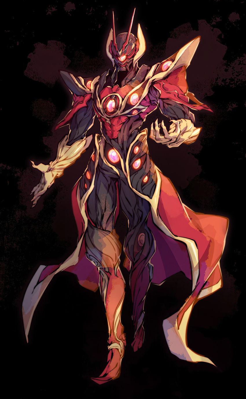 1boy, antennae, armor, black_background, black_bodysuit, blood, blood_splatter, bodysuit