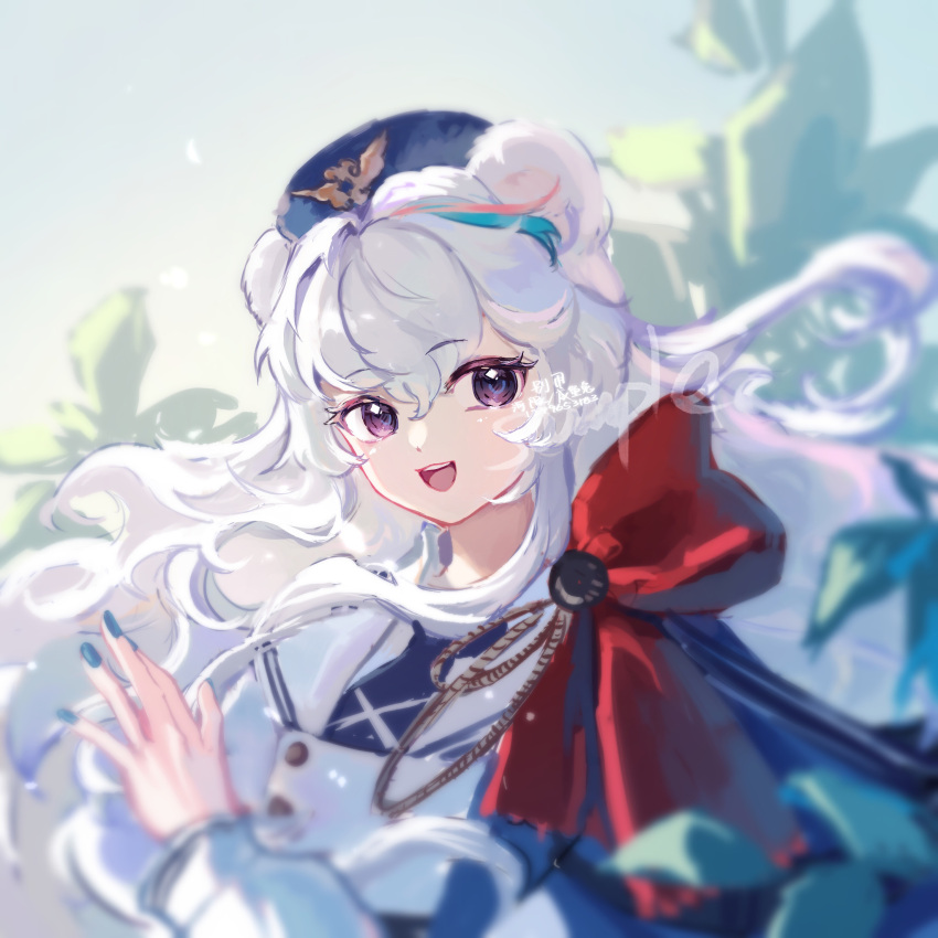 1girl, :d, absurdres, animal_ears, arknights, bear_ears, beret, blue_hair