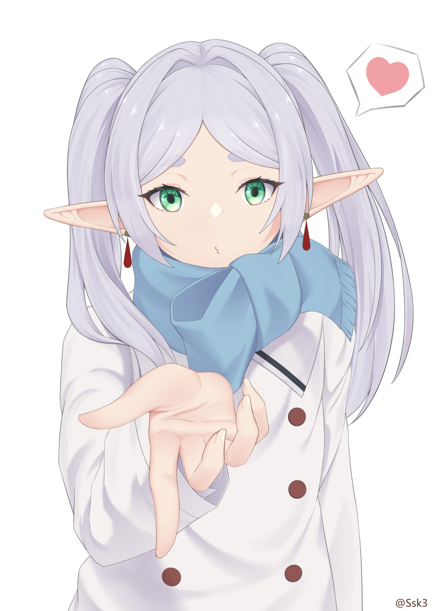 1girl, absurdres, artist_name, blue_scarf, buttons, coat, double-breasted, earrings, elf, frieren, frieren_blowing_a_kiss, green_eyes, hand_up, heart, highres, jewelry, long_hair, long_sleeves, looking_at_viewer, o3o, parted_bangs, pointy_ears, puckered_lips, sasaki3rd, scarf, simple_background, solo, sousou_no_frieren, speech_bubble, spoken_heart, twintails, upper_body, variant_set, white_background, white_coat