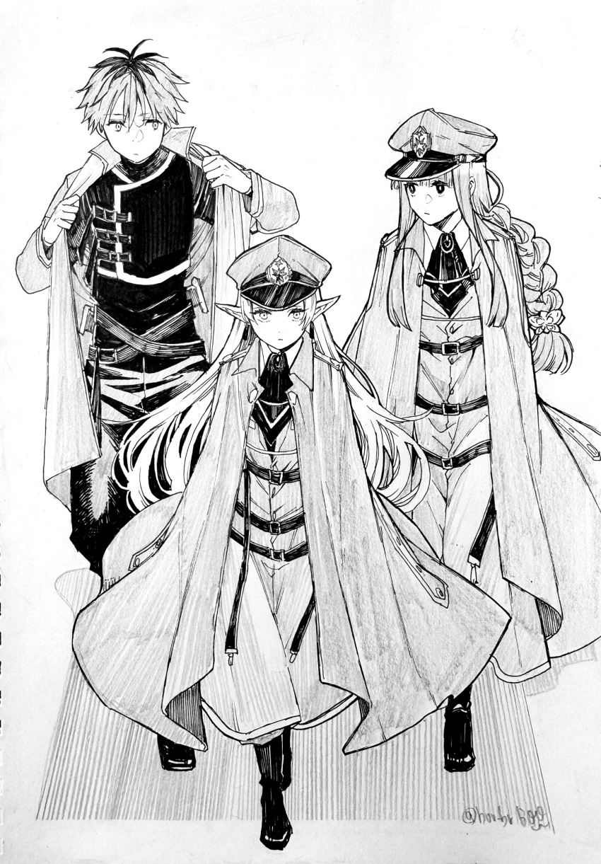 1boy, 2girls, belt, black_belt, black_footwear, blunt_bangs, boo_br, boots, braid, coat, collared_coat, elf, fern_(sousou_no_frieren), floating_hair, frieren, from_above, hat, highres, long_hair, looking_at_another, looking_at_viewer, looking_to_the_side, military, military_hat, military_uniform, monochrome, multiple_belts, multiple_girls, open_clothes, open_coat, pointy_ears, serious, short_hair, sidelocks, single_braid, sousou_no_frieren, stark_(sousou_no_frieren), uniform