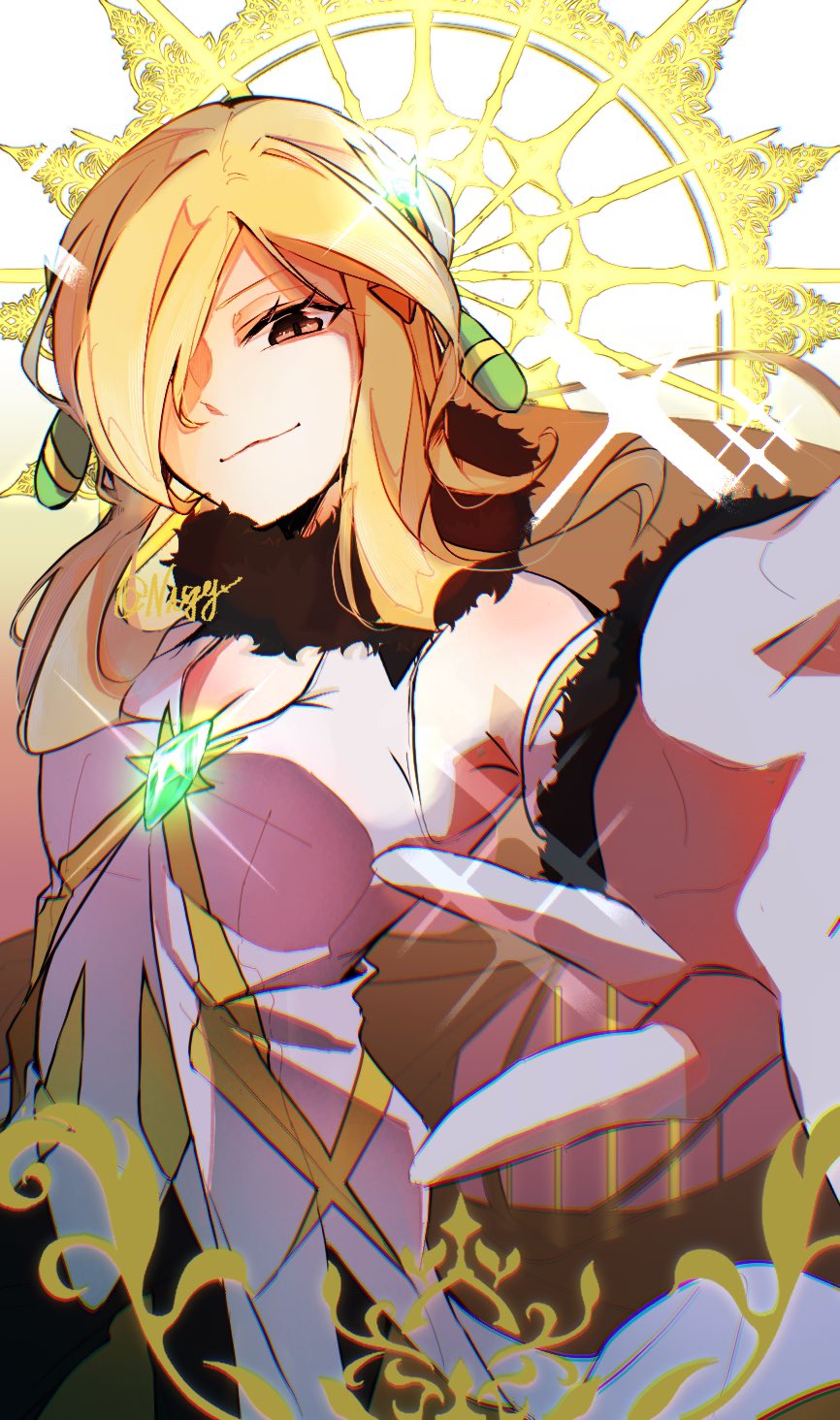 1girl, blonde_hair, chest_jewel, closed_mouth, coat, cynthia_(arc_suit)_(pokemon), cynthia_(pokemon), detached_sleeves