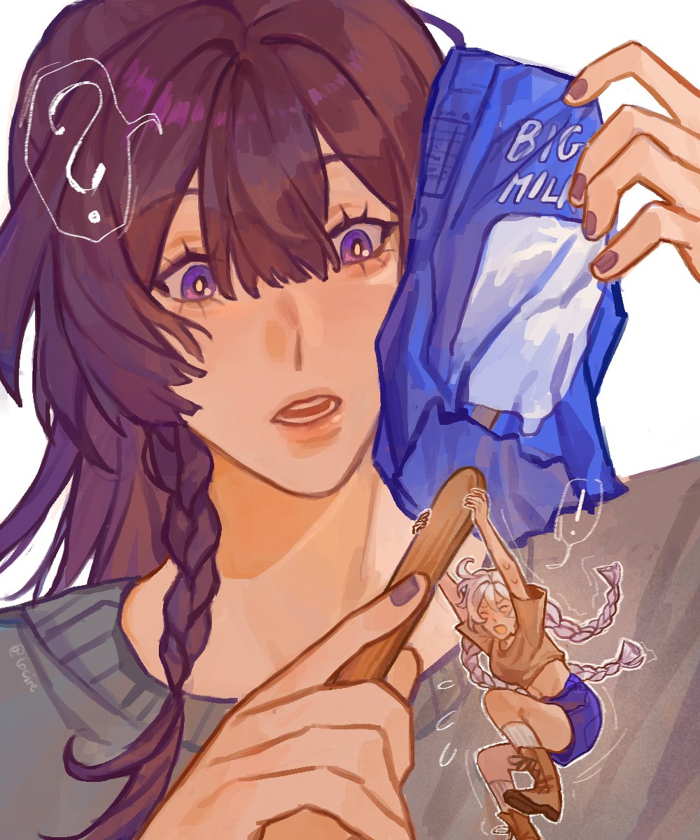 !, 2girls, ?, ahoge, arm_up, arms_up, blue_shorts, blunt_bangs, boots, braid, braided_bangs, brown_footwear, brown_shirt, couple, crop_top, english_commentary, flying_sweatdrops, food, giant, giantess, grey_shirt, hair_between_eyes, hand_up, hashtag-only_commentary, highres, holding, holding_stick, honkai_(series), honkai_impact_3rd, kiana_kaslana, knees_up, loeire, long_hair, looking_down, mini_person, multiple_girls, open_mouth, pink_lips, popsicle, popsicle_stick, purple_hair, purple_nails, raiden_mei, shirt, shorts, simple_background, spoken_exclamation_mark, spoken_question_mark, stick, thighs, trembling, twin_braids, violet_eyes, white_background, white_hair, wide-eyed, yuri