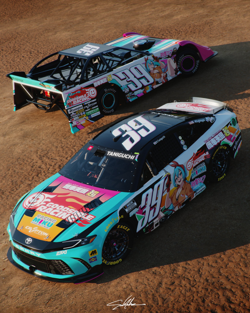 3d, absurdres, arhentol, artist_collaboration, car, crypton_future_media, english_commentary, goodsmile_racing